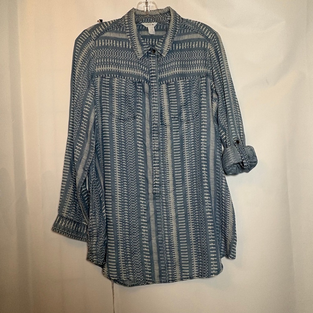 Intro Blue White Geo Print Tunic Shirt Women's Size S Roll Tab Sleeves Pockets‎